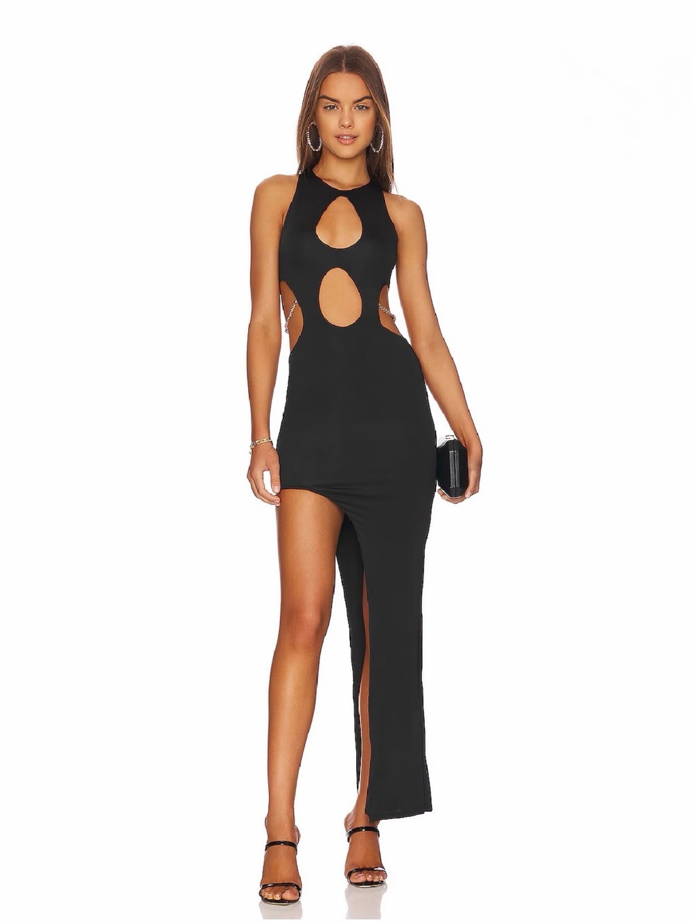Superdown “Dallas” Black Cutout High-Slit Maxi Dress w/ gold chain detail